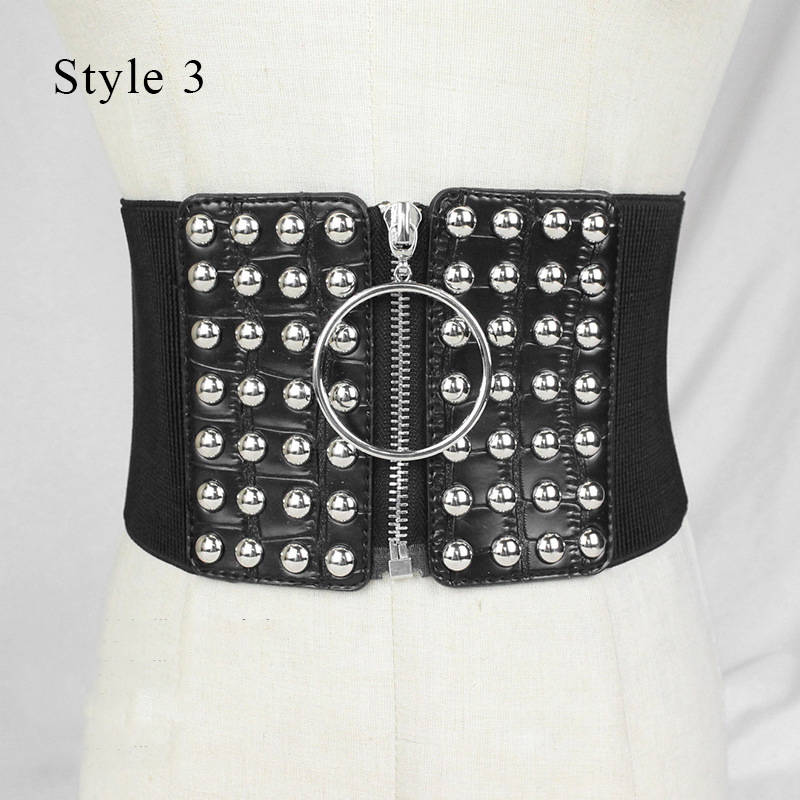 Moda elástica rebite cummerbund cinto de malha preto cintura larga emagrecimento corpo cintura alta senhoras zíper cinto decorativo