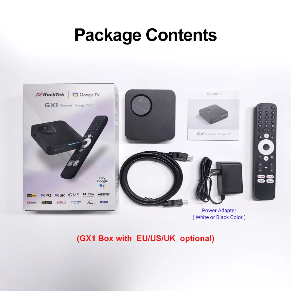 RockTek GX1 UHD Google TV 12 Box Netflix Google Certified 4GB 32G Realtek1325 Support Dolby Atmos 2T2R Wifi6 BT5.2 Android TVBox