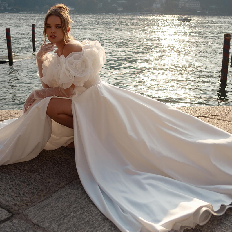 Eightree White Formal Wedding Dresses Off The Shoulder High Split Bridal Dress Boho Beach Wedding Prom Ball Gowns Customized