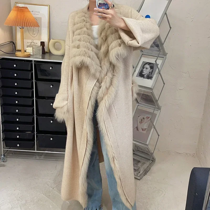 女性のためのキツネの毛皮のトリムベルト付きニットカーディガン,ロングコート,女性のファッションセーター,秋冬,2024