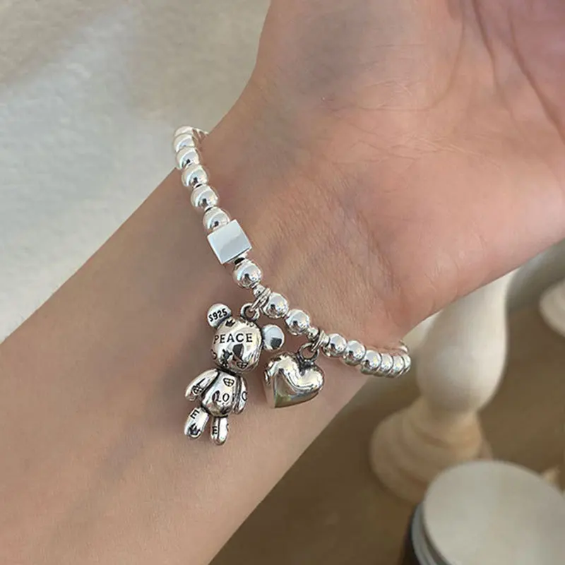 สร้อยข้อมือเงินแท้ 925 สําหรับผู้หญิง String ลูกปัดอุปกรณ์เสริม Trend Vintage น่ารักหมีจี้เครื่องประดับ