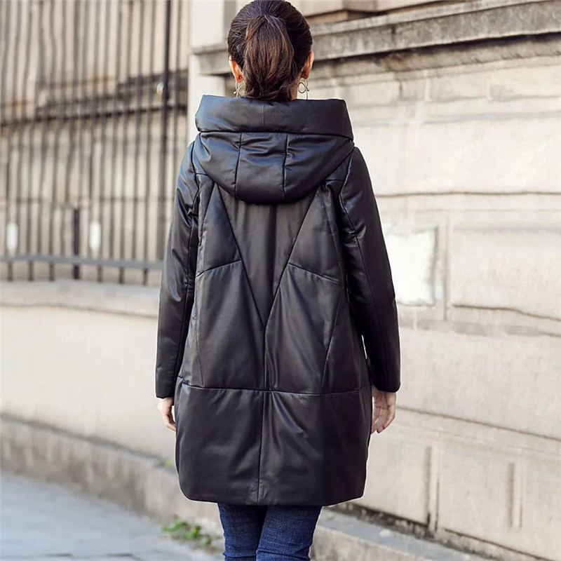 Parkas gruesas para la nieve, chaqueta de cuero PU con capucha cálida para mujer, abrigo largo holgado negro, abrigo de cuero de algodón a prueba de viento para mujer
