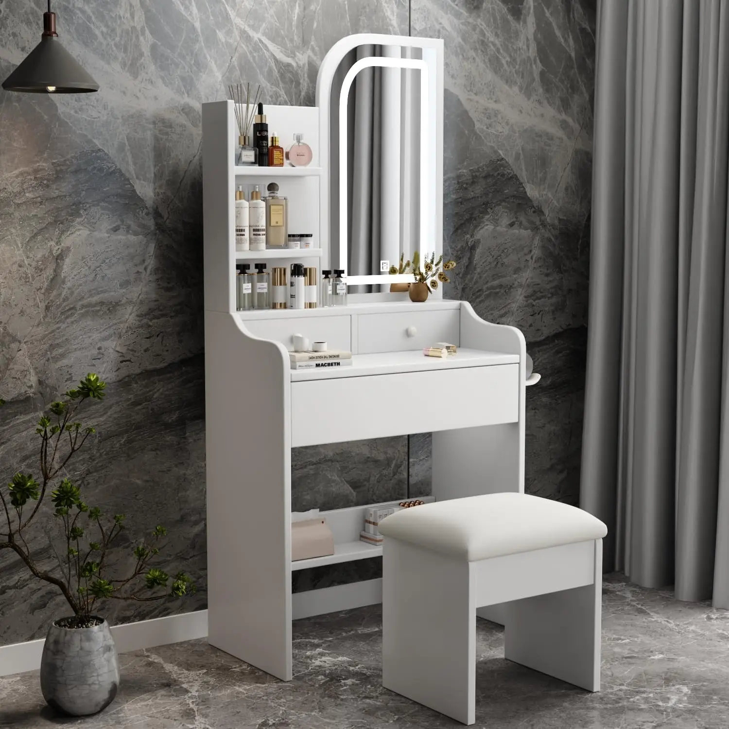 A small dressing table with power socket, a mini white dressing table with mirror and light, and a stool