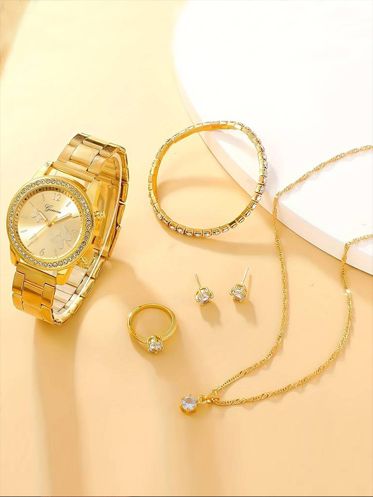 ファッショナブルで用途の広いダイヤモンド象眼細工のラインストーン女性用クォーツスチールバンド時計ネックレスイヤリングリングブレスレット6個