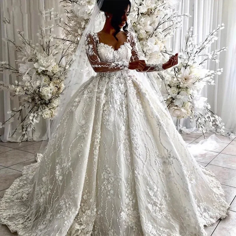 Personalizado vintage vestidos de casamento de renda completa 2024 árabe 3d ilusão floral mangas compridas vestidos de noiva com decote em v