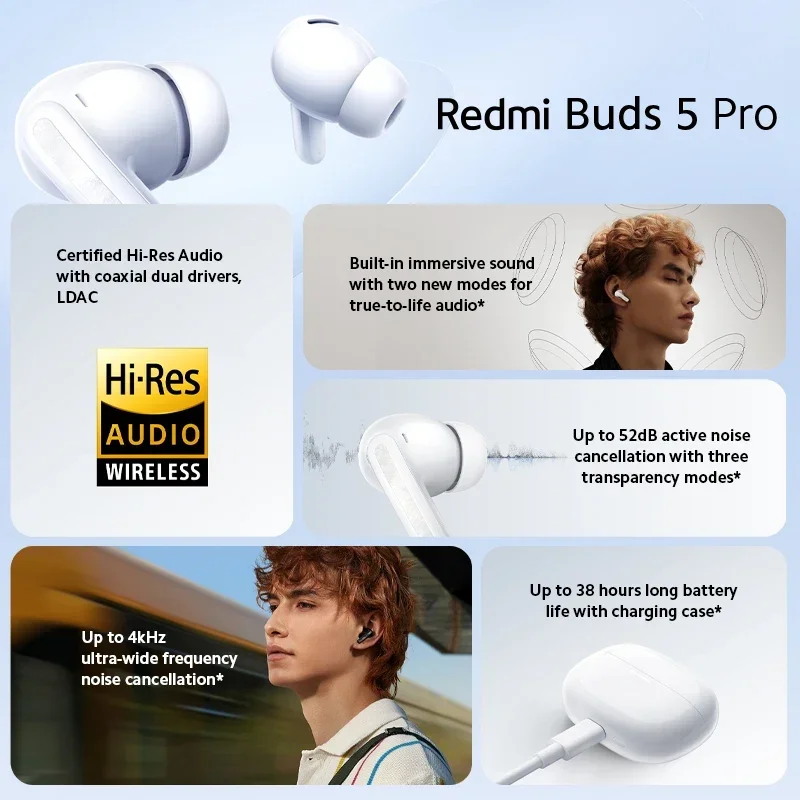 [World Premiere]Xiaomi Redmi Buds 5 Pro versão global até 52dB ativo Nolse cancelamento de 38 horas de bateria longa