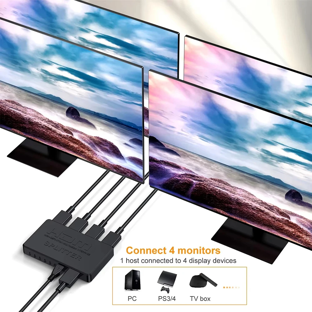 Divisor compatible con HDMI 4K 2K, 1 entrada, 4 salidas, interruptor HDTV 4x1, adaptador compatible con HDMI, conmutador de vídeo HD para Xbox, PS4, DVD, PC y portátil