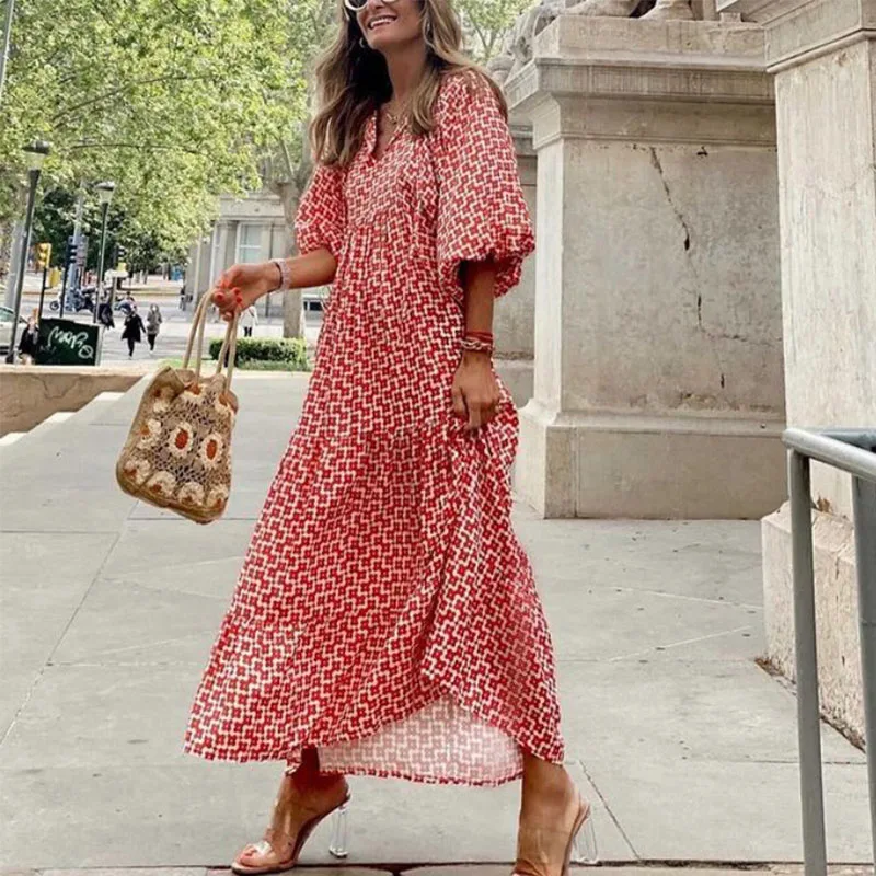 5XL พัฟแขน Boho Maxi ฤดูร้อนผู้หญิงหลวมสบายๆสไตล์วันหยุด Vestidos Drawstring V คอชุดชายหาดยาว