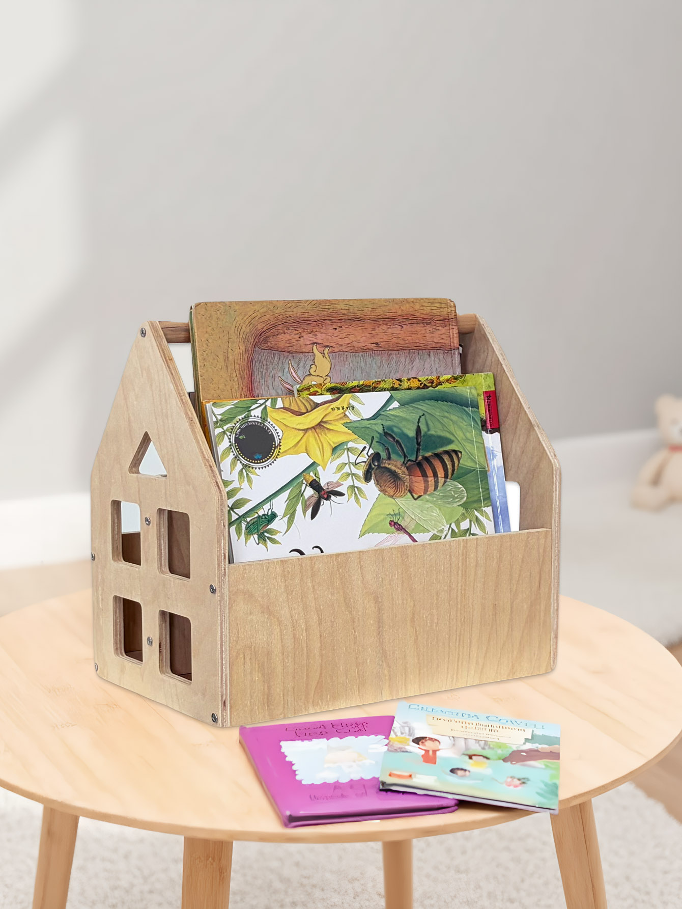 Wooden Montessori Book Rack Toddler Bookshelf Double-Sided with 2 Tier for Baby Nursery Room, Bedroom Bookcase Storage Organizer