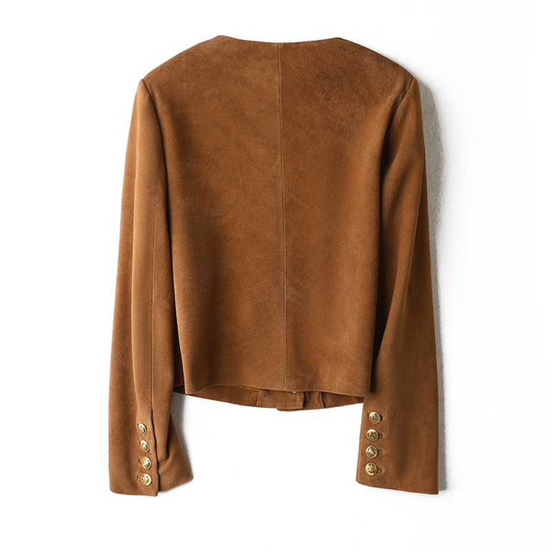 女性用スエードレザージャケット,ラウンドカラー,シンプルなボタン,長袖,カジュアル,コート,冬,コレクション2023