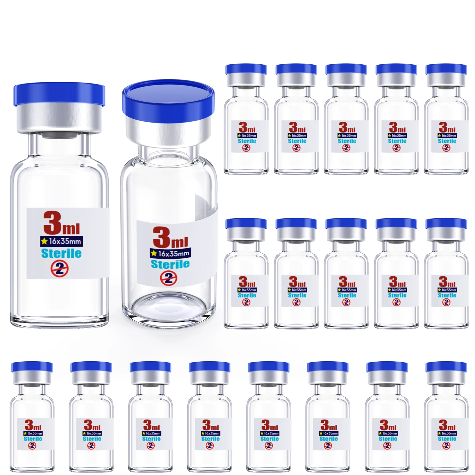 Fiale di vetro sterili sigillate con tappo in gomma e tappo in plastica di alluminio senza sbavature, confezione sterile da 20 pezzi