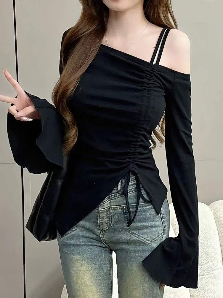 甘いセクシーな巾着リボン白オフショルダートップ女性の基本的な長袖ボディ Tシャツエレガントなフレアスリーブレディ Tシャツ