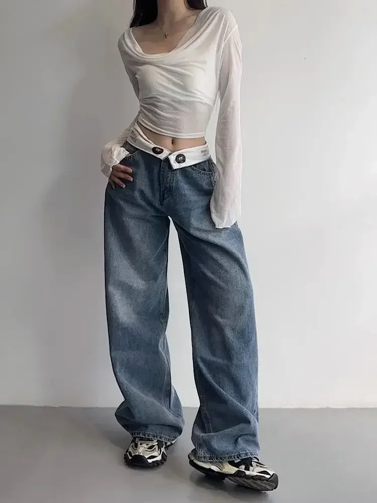 Houzhou Vintage Y2K Jeans Frauen Baggy Kpop Gyaru Streetwear breite blaue Jeans hose Harajuku koreanische Acubi Mode Jeans mit hoher Taille
