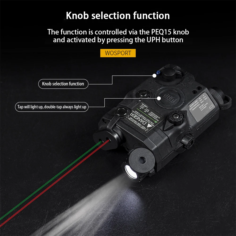 WoSporT PEQ-15 (เลเซอร์สีแดง + เลเซอร์สีเขียว + ไฟฉาย) ยุทธวิธีสีแดงสีเขียว Dual Laser Ray Indicator