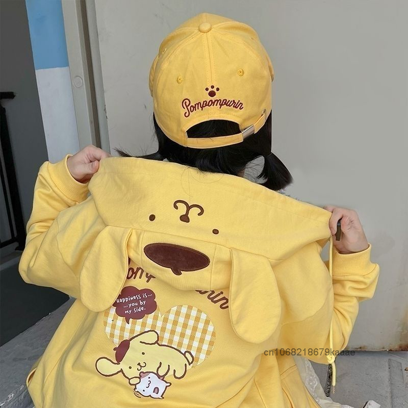 SANRIO Kuromi Cinnamoroll เสื้อมีฮู้ดปอมปอมพูรินสไตล์ญี่ปุ่นเสื้อโค้ทลำลองทรงหลวมแฟชั่นผู้หญิง Y2k น่ารักเด็กผู้หญิง
