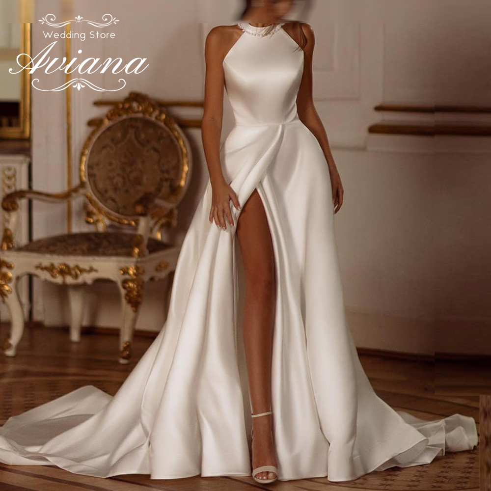 Aviana อารมณ์ที่กําหนดเอง Elegant ไข่มุกชุดแต่งงานแขนกุดผู้หญิง High Slit กลับโบว์ A-Line ง่ายคราบชุดเจ้าสาว