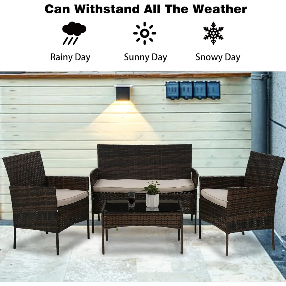 4 Pieces Patio Furniture Set Rattan Outside Furniture Wicker Sofa Garden Conversation Sets with Soft Cushion and Glass Table for