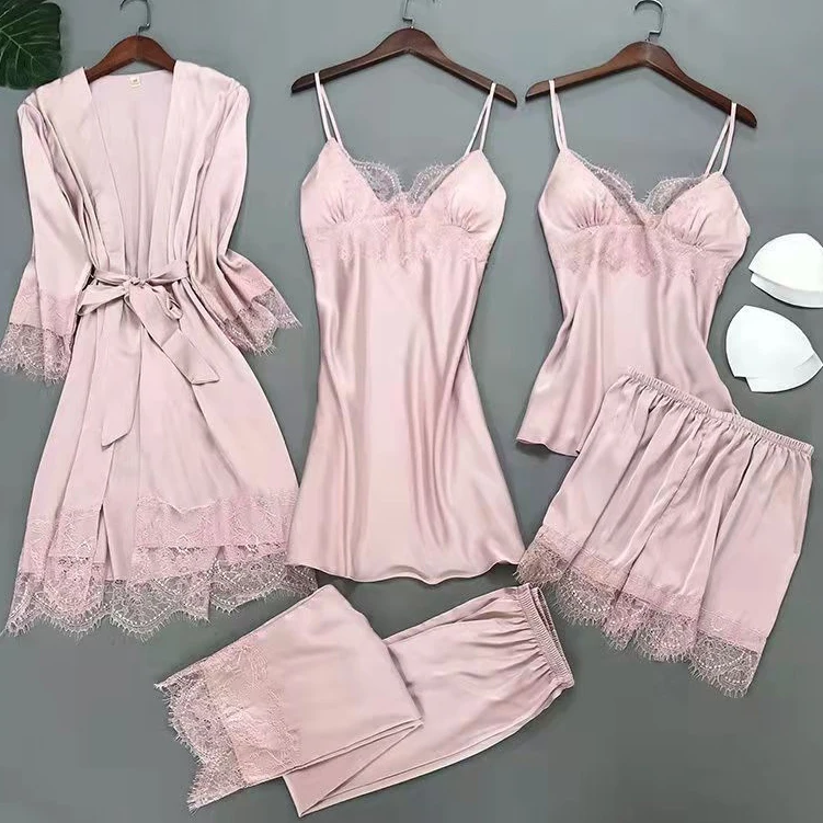 Conjunto de pijama blanco de 5 uds para dormir, pijama de satén de encaje para mujer, Kimono, bata de baño, ropa de dormir holgada, ropa de dormir informal con cuello en V para el hogar