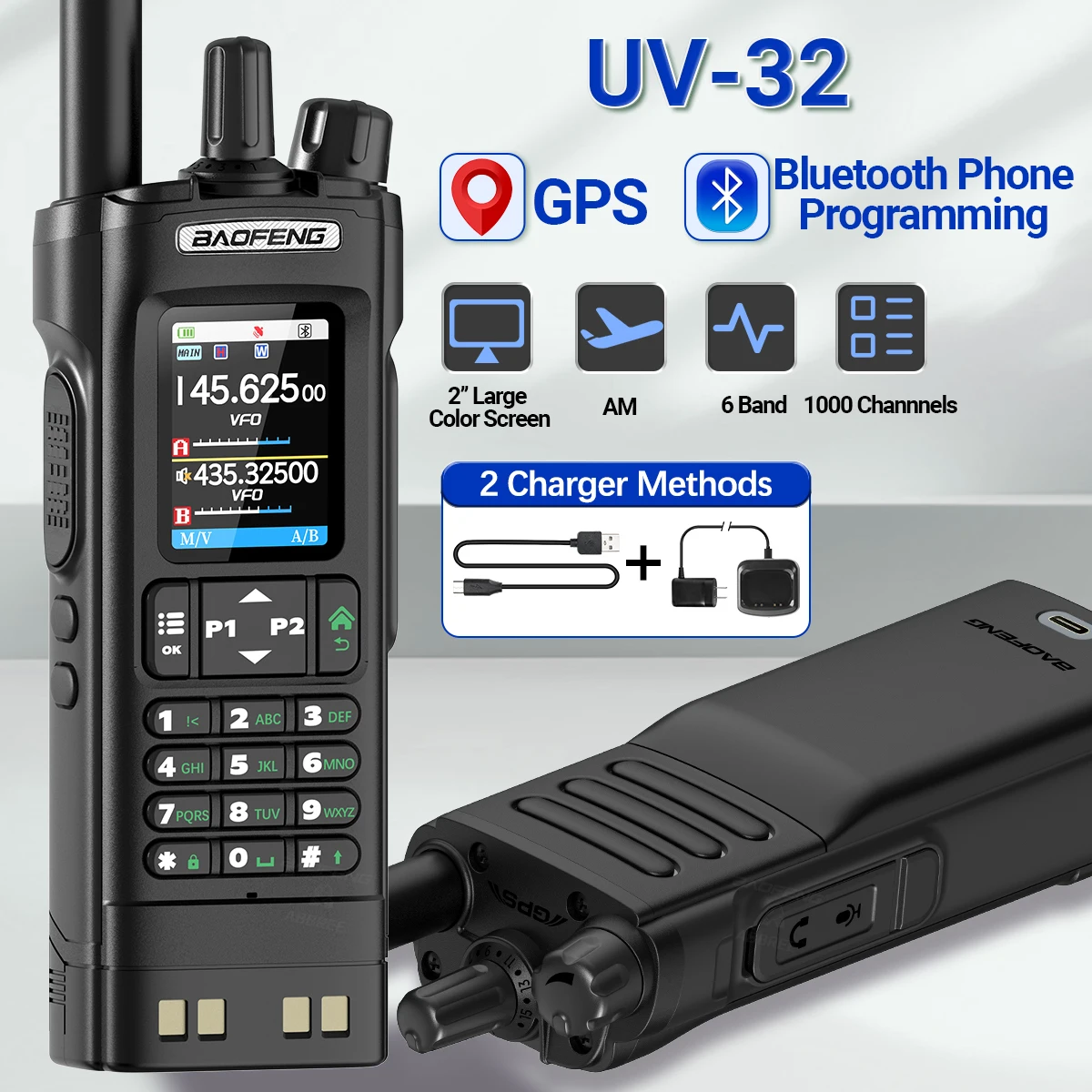 BAOFENG UV-32 GPS Walkies Talkies Long Range  1000CH AM FM Bluetooth Programming 10W Wireless Copy Frequency Ham Way Radio
