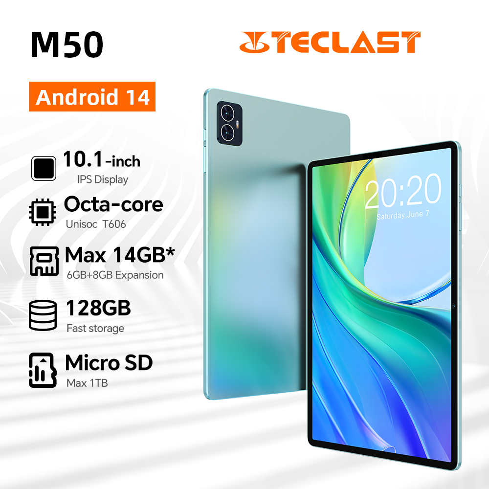 Teclast-M50 Tablet Android 14, T606, 8-Core Max, 14GB RAM, 128GB ROM, 10.1 ", Incell, totalmente laminado, TAV Rheinstant Dual 4G, VoLTE, GPS, magro 8mm