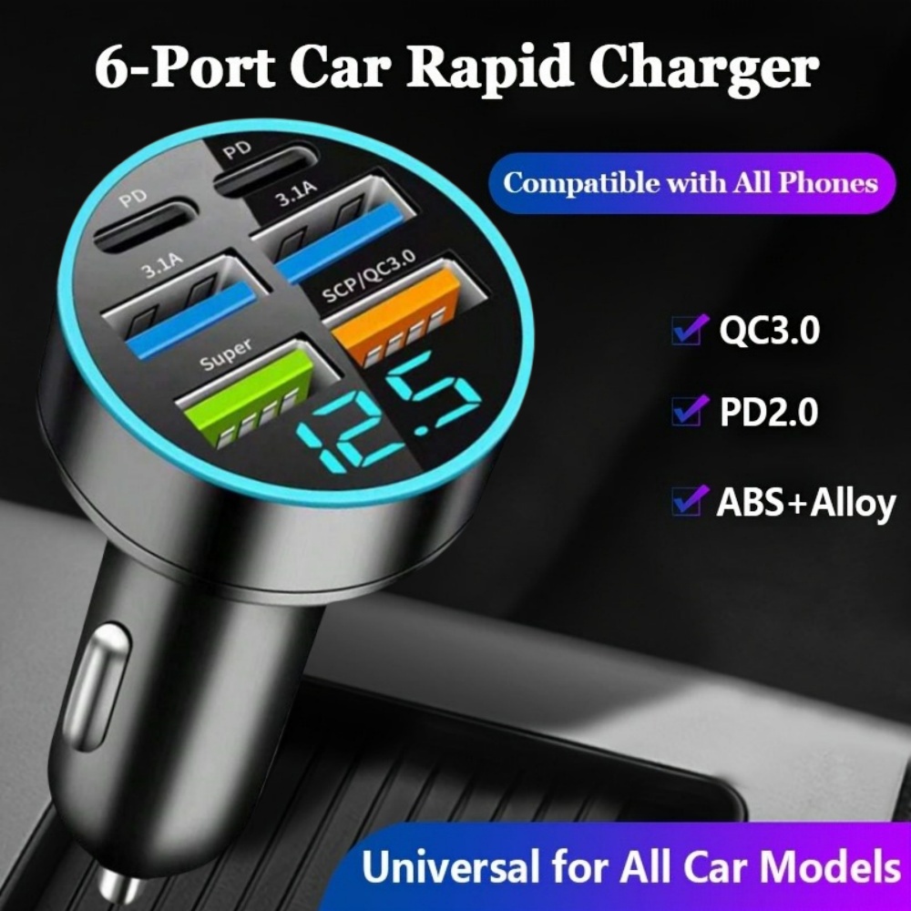 PD 6 In 1 Fast Charging Car Charger QC3.0 USB C Digital Display For iPhone Samsung Vivo OPPO Oneplus Car Mobile Phones Adapter