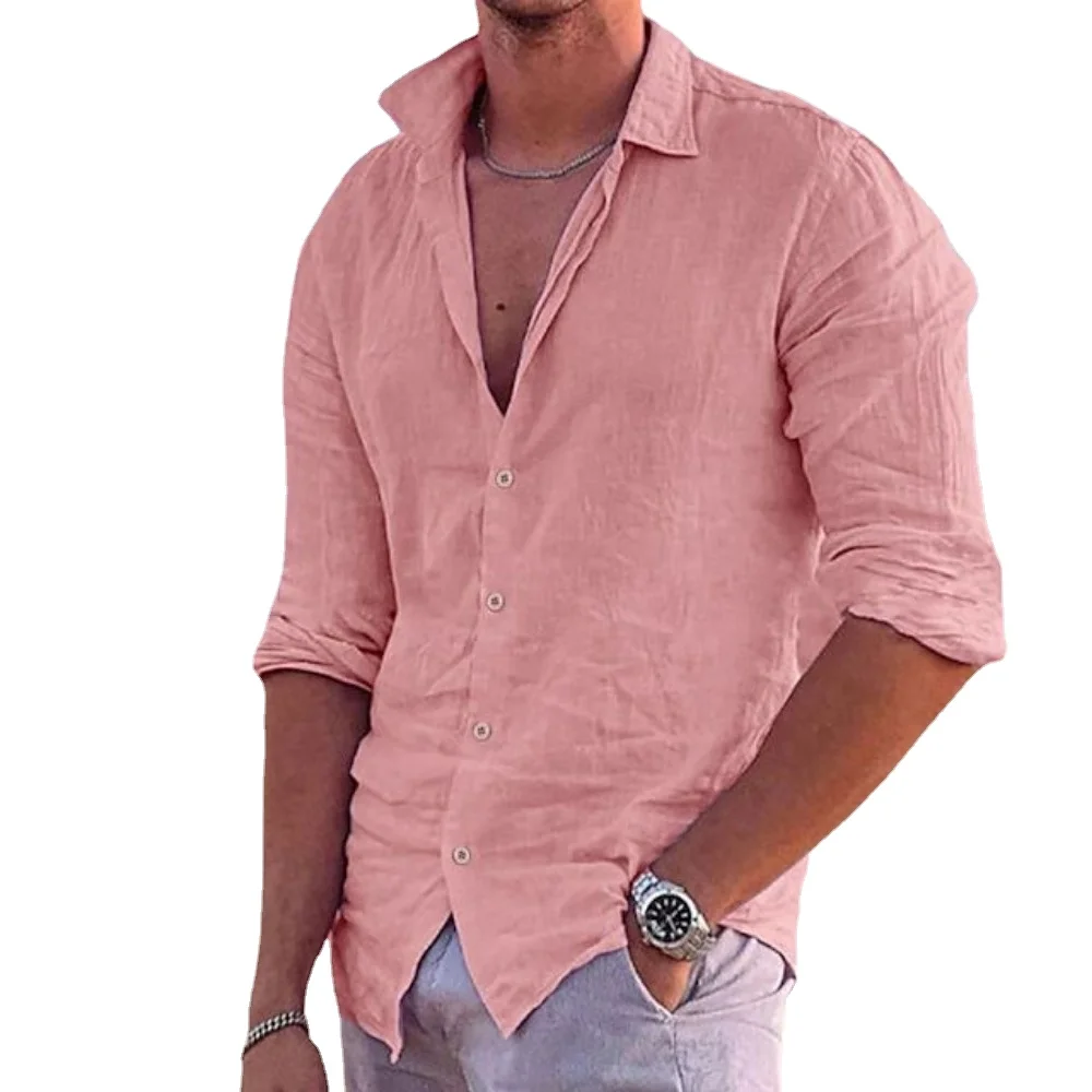 Camisa hawaiana de algodón y lino para hombre, camisa informal de manga larga con cuello tipo Polo para playa y vacaciones, 2024