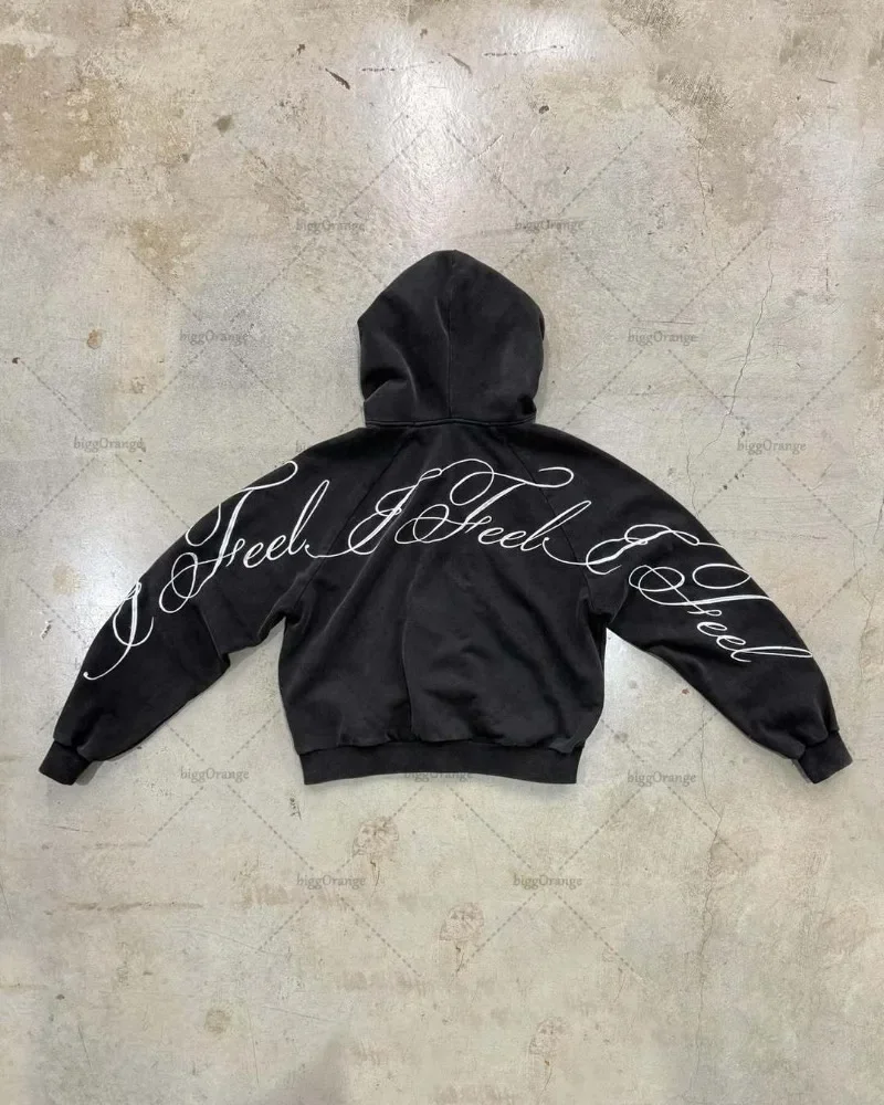 Y2k harajuku gótico carta impressão retro moda masculina e feminina moletom com capuz hip-hop estilo punk preto moletom com zíper de grandes dimensões