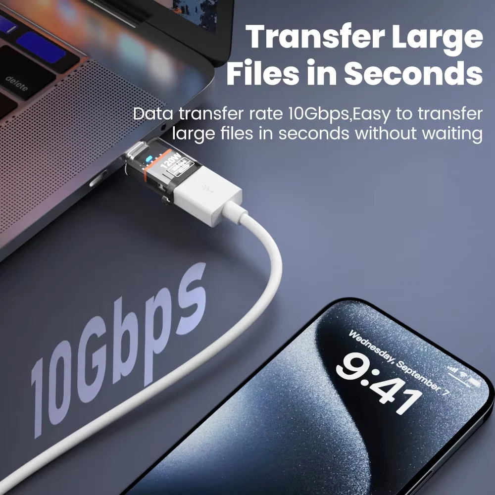 Adattatore USB 3.2 a tipo C a ricarica rapida da 120 W OTG Trasferimento audio dati ad alta velocità da 10 GB per PC Tablet Convertitore USB C Xiaomi Huawei