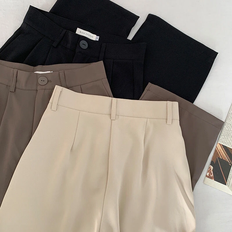Calça feminina de fato reto de cintura alta, calça feminina do escritório, de botão casual, calça preta feminina solta, outono, nova, 2024