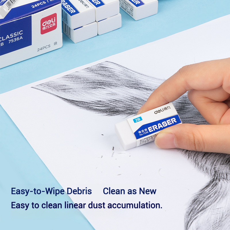 Deli 2B White Erasers Soft PVC Mess-Free Clean Rubber for Pencils Exam Office School Sketching Art Supplies
