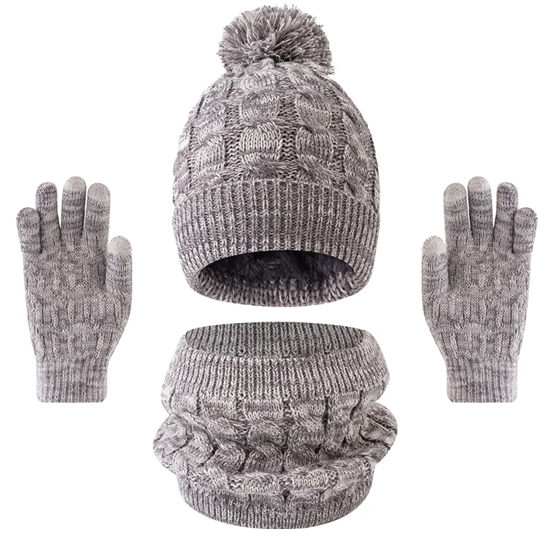 Conjunto de três peças de chapéu, cachecol e luvas de inverno infantil 3 peças, doce e versátil, boné de lã com aba superior, guerra espessada