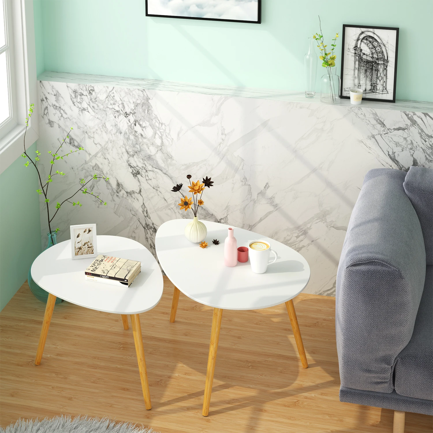 Getone Petite Table Basse, Lot de 2 Tables d'appoint, Table de Canapé Blanche, Tables Gigognes pour Salon, Chambre à Coucher, Bureau, Scandinave