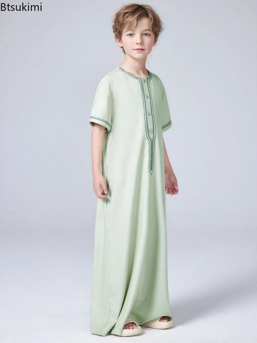 Ramadan Jungen Jubba Thobe Muslimische Mode Abayas Nahen Osten Arabischen Kaftan Kurzarm Robe Dubai Islamische Kleidung Kind Langes Kleid