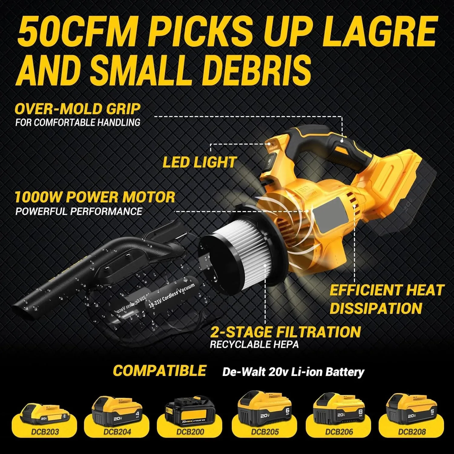 5 in 1 휴대용 전기 진공 청소기, 500W 강력 모터, 디월트 배터리 핀용 바닥 및 카펫 휴대용 핸드 진공