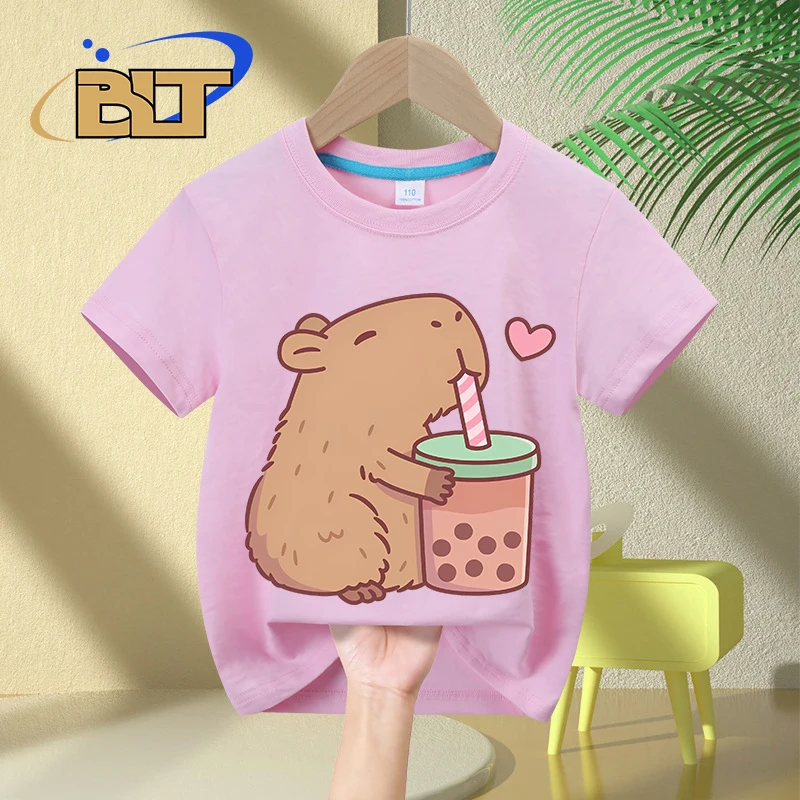 Leuke Capibara Loves Bubble Tea print kinder T-shirt zomer kinderen korte mouwen casual tops jongens en meisjes geschenken