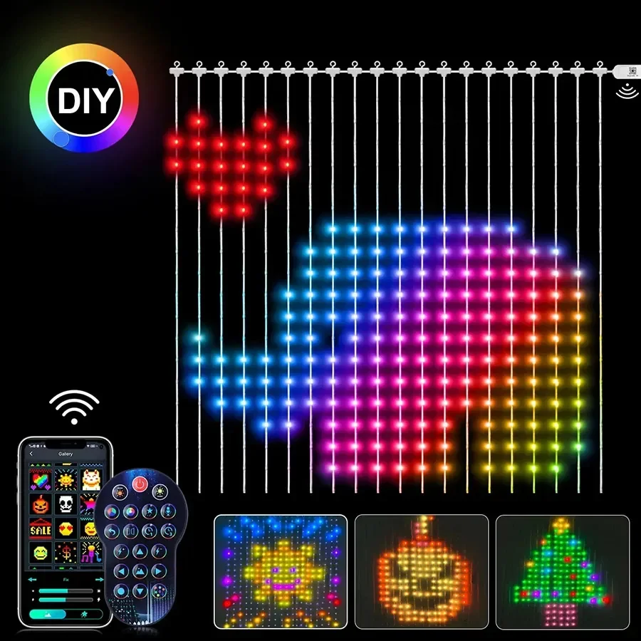 2024 New 3*3M 400LEDs Curtains Lights Garland RGB Smart APP Control DIY Pattern Christmas Fairy String Lights for Festival Decor