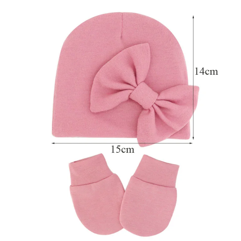新生児用コットンビーニーハットと手袋のセット,0〜6m,2個,ボンネット,幼児用キャップ,プリンセスボウ,女の赤ちゃん,春,秋,冬