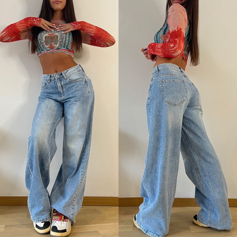 女性ジーンズデニムワイドレッグパンツハイウエスト洗濯ルーズフィットポケットジッパーフライフラット Streewear 春 2024 わずかなストレッチ