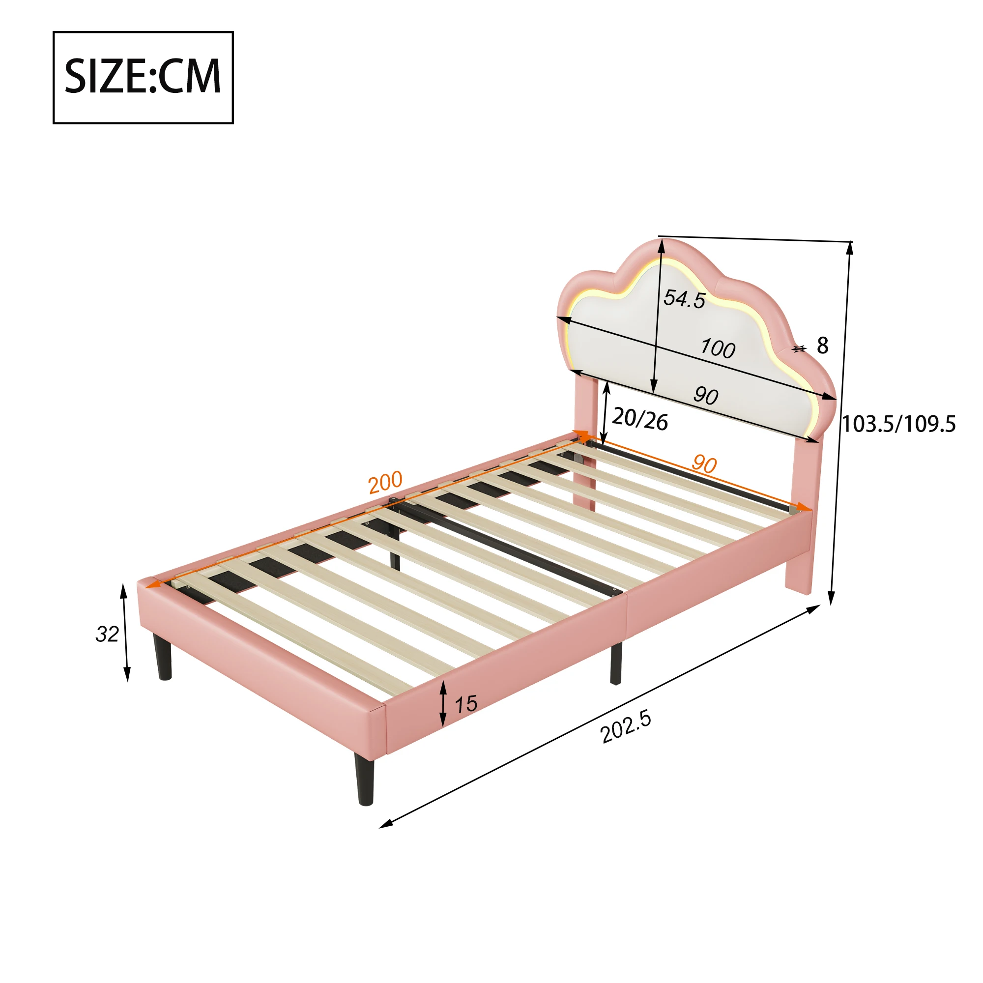 Łóżko księżniczki 90x200 cm dla dziewczynek, łóżko pojedyncze, łóżko z pełną platformą tapicerowane PU z zagłówkiem w chmurze i łóżkiem LED