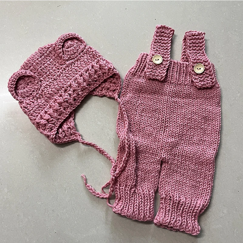 ฮาโลวีน Oufits การถ่ายภาพเด็กเสื้อผ้าถักด้วยมือ Suspender Jumpsuit และหมวกหมีตุ๊กตาหมีตุ๊กตาหมีตุ๊กตาตกแต่งถ่ายภาพ Props