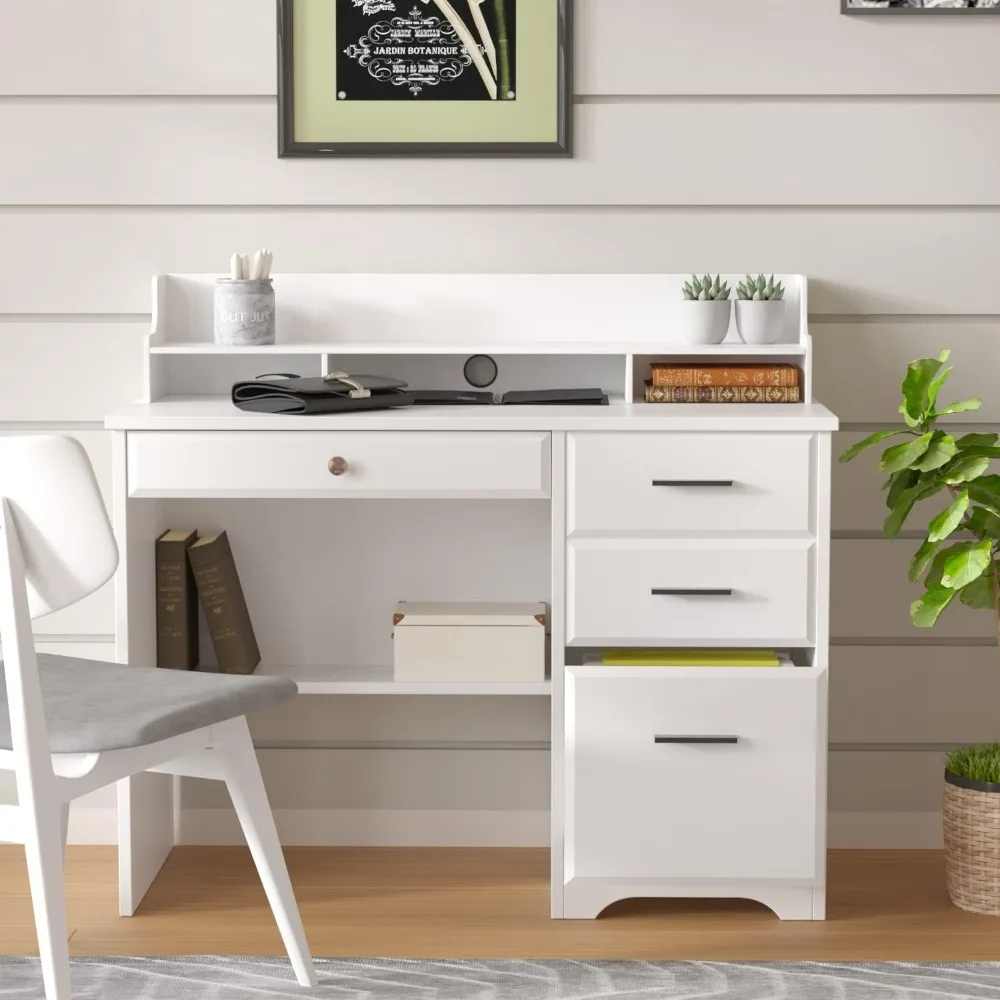 Computer Desk with Storage Drawers and Hutch, 44 Inch Home Office Desks with 4 Drawers & Monitor Stand for Small Space