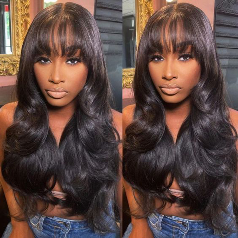 Peruca de onda corporal sem cola com renda frontal, cabelo humano pré-arrancado, pronto para usar com franja, fechamento 5x5, HD