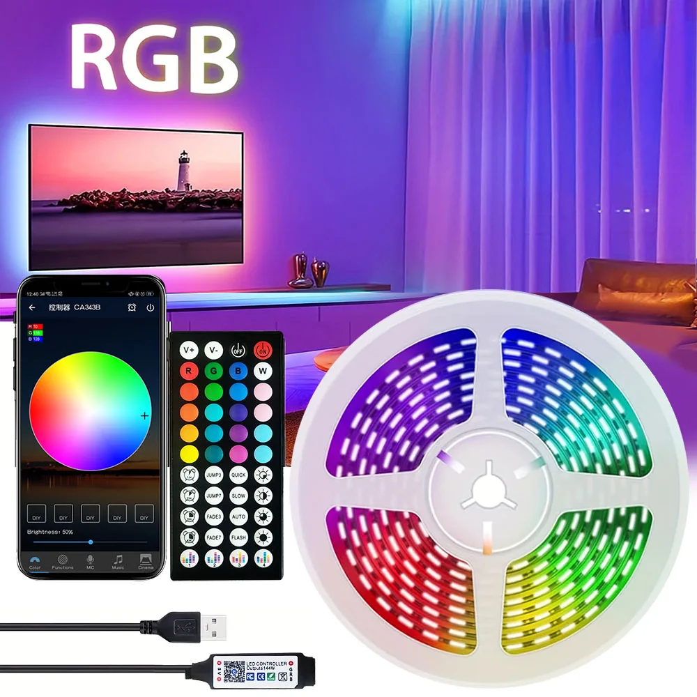 Tira de luces LED RGB con Bluetooth para habitación, 10M, 15M, 20M, 30M, aplicación táctil, cinta inteligente 5050 RGB, cinta Flexible, alimentación USB, retroiluminación de TV