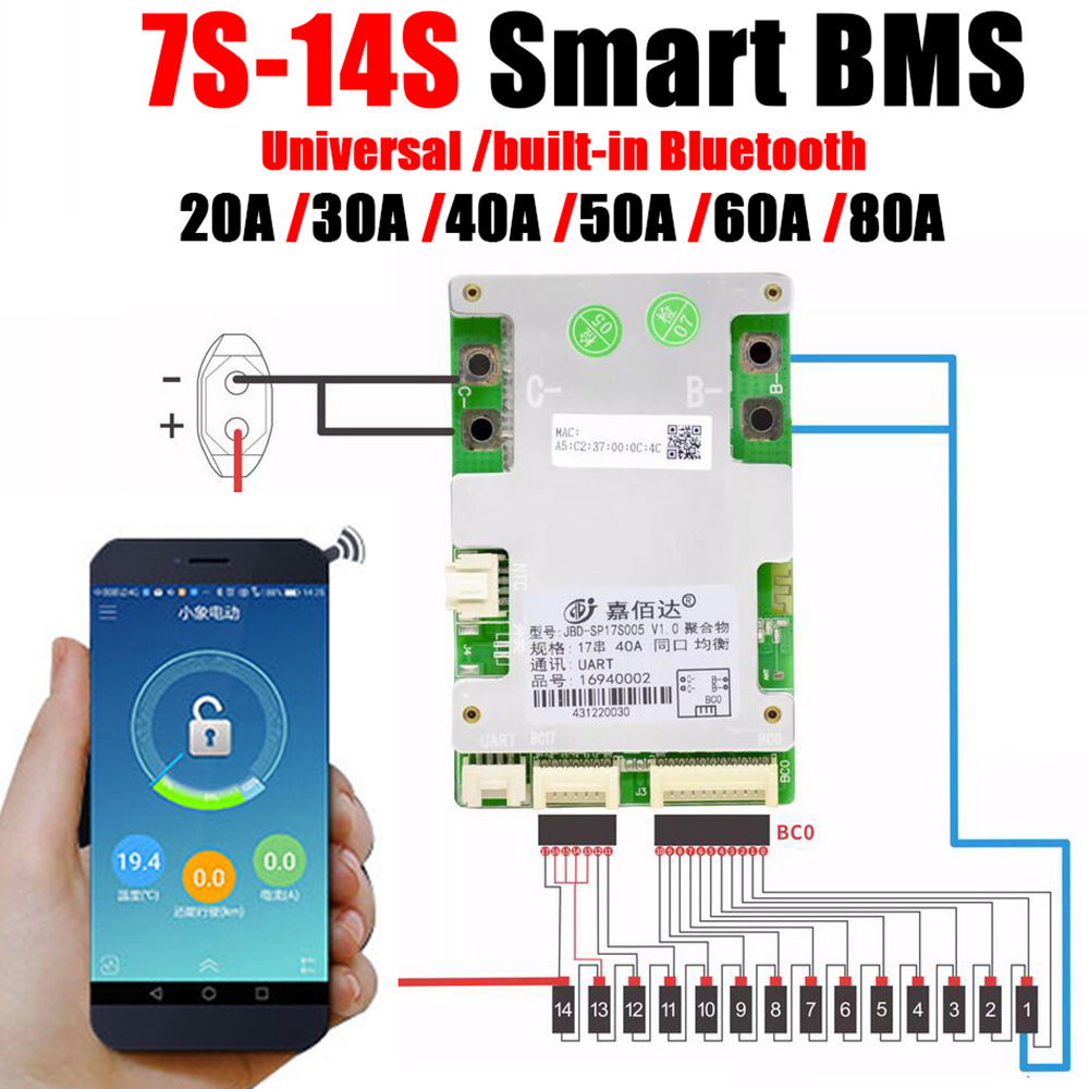 Jbd Bluetooth SMART BMS 7s a 17s 10s 13s 14s 16s lithium Battery Protection Board 24v 36v 48v 52v 60v Lithium Ion lipo 20a 40a 60a