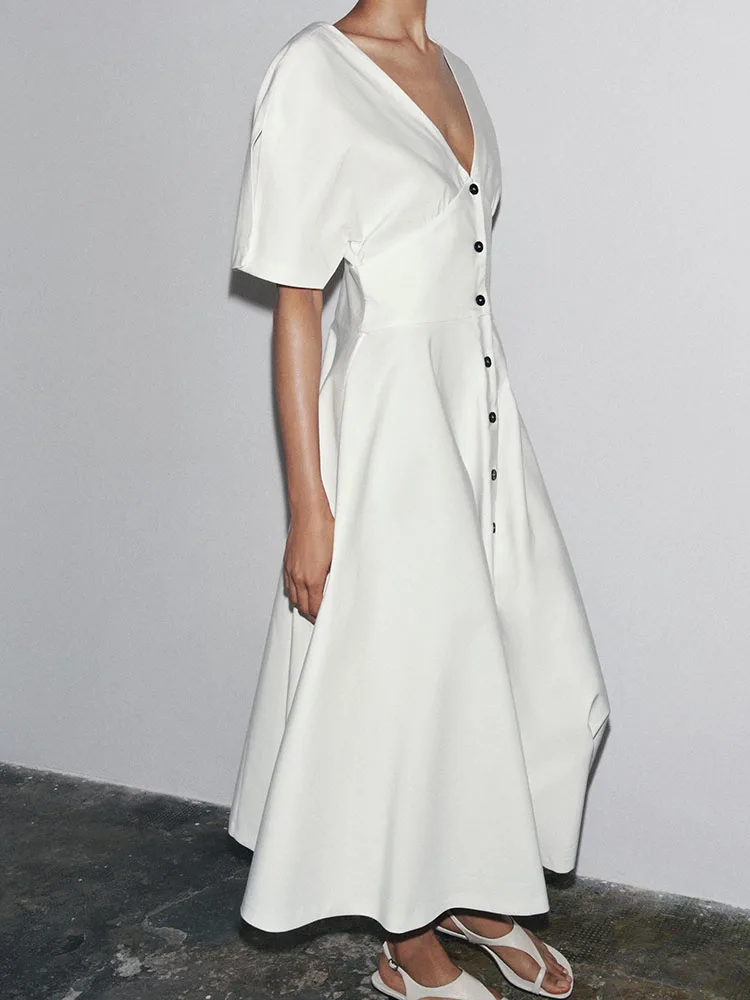 Novo Vestido Midi F de Verão ZA2025 com Detalhe de Botão e Manga Curta, Estilo Étnico Faionável