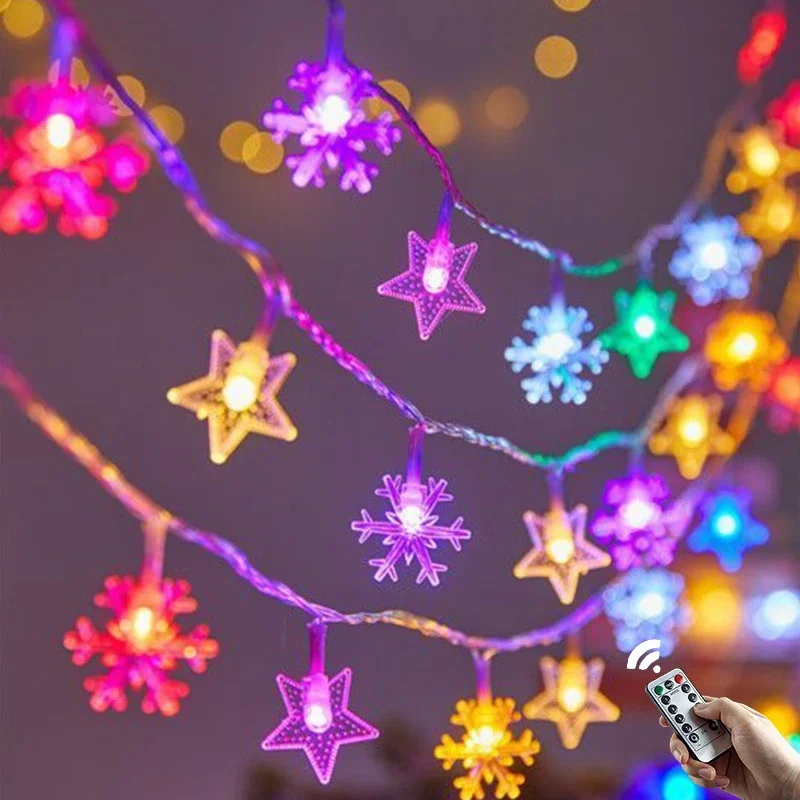 Guirnalda de luces navideñas con forma de estrella y copo de nieve de 3-50M, guirnalda con batería/USB para exteriores, árbol de Halloween, vacaciones, decoración de Año Nuevo