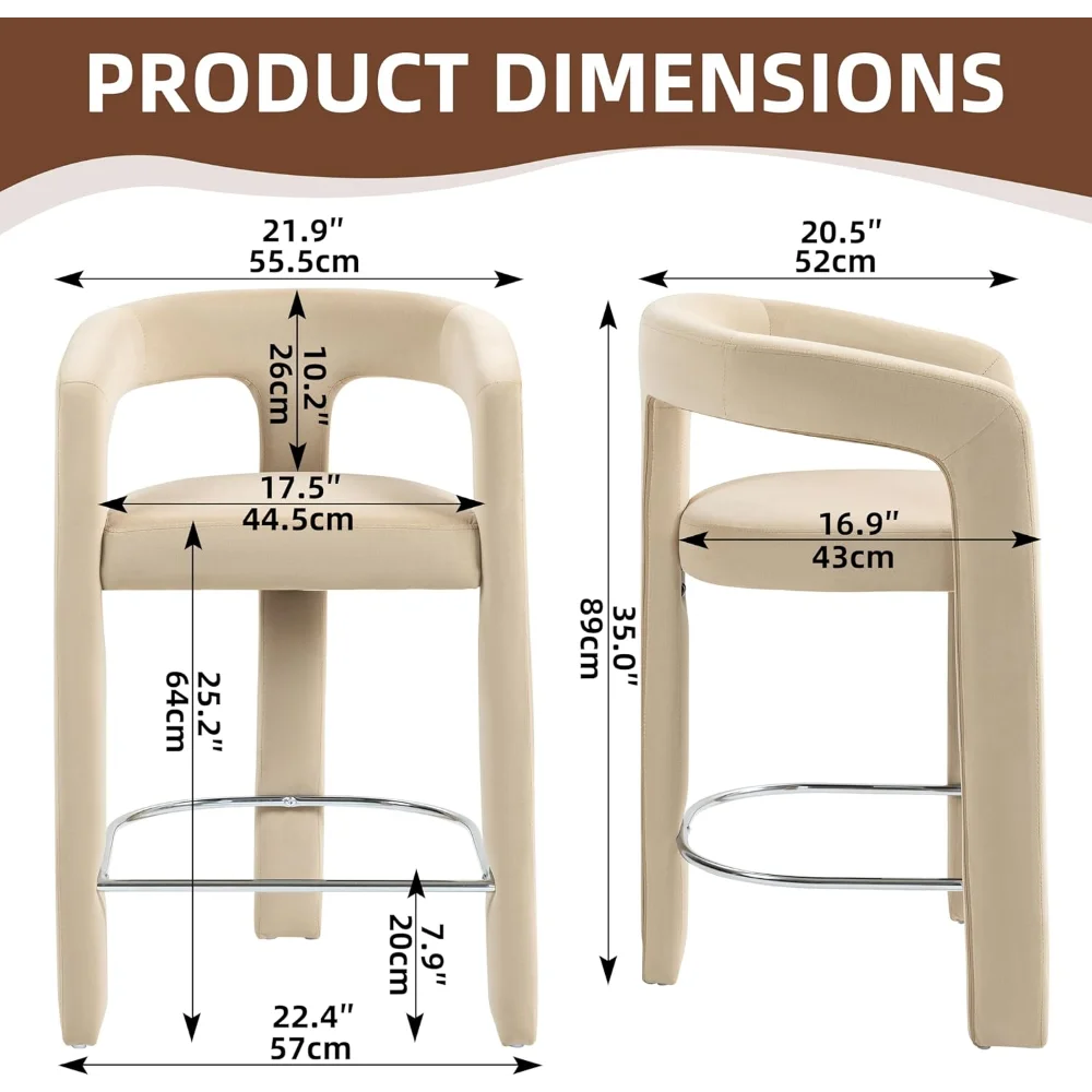 Counter Height Bar Stools Set of 1 - Velvet Upholstered Bar Chairs with Metal Footrest and Open Back
