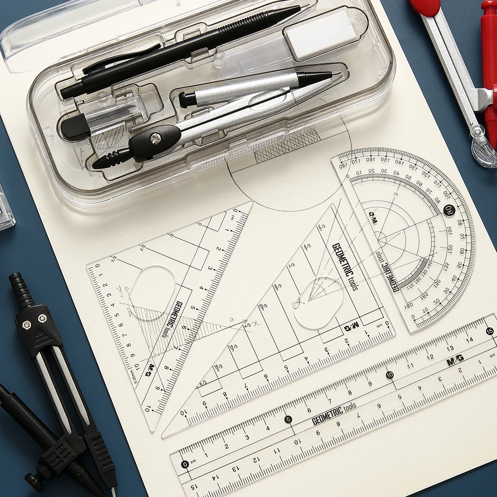 Juego de brújula M & G, juego de regla de medición, juego de herramientas de dibujo multifuncional profesional de aprendizaje, regla y regla, juego de 8 Uds ACS90867