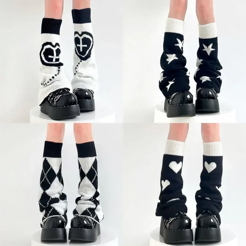 Calentadores de piernas de punto Punk Y2K, estrella gótica cruzada, Harajuku, corazón para mujer, ropa de dos lados, cubiertas holgadas para piernas, calcetín JK hasta el muslo, Lolita
