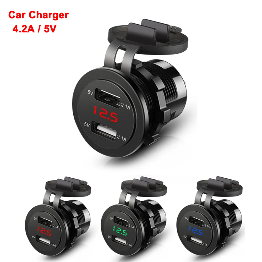 Enchufe de cargador de coche USB Dual de 4,2a/5V, adaptador de carga rápida resistente al agua, toma de corriente con voltímetro para coche, motocicleta marina